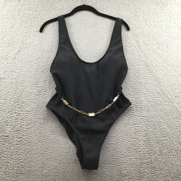 River Island Scoop Neck Chain Belt One-Piece Swimsuit Black 8 - Picture 1 of 5